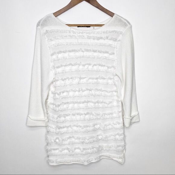 Nic + Zoe White Striped Fringe Sweater Large - Picture 1 of 10